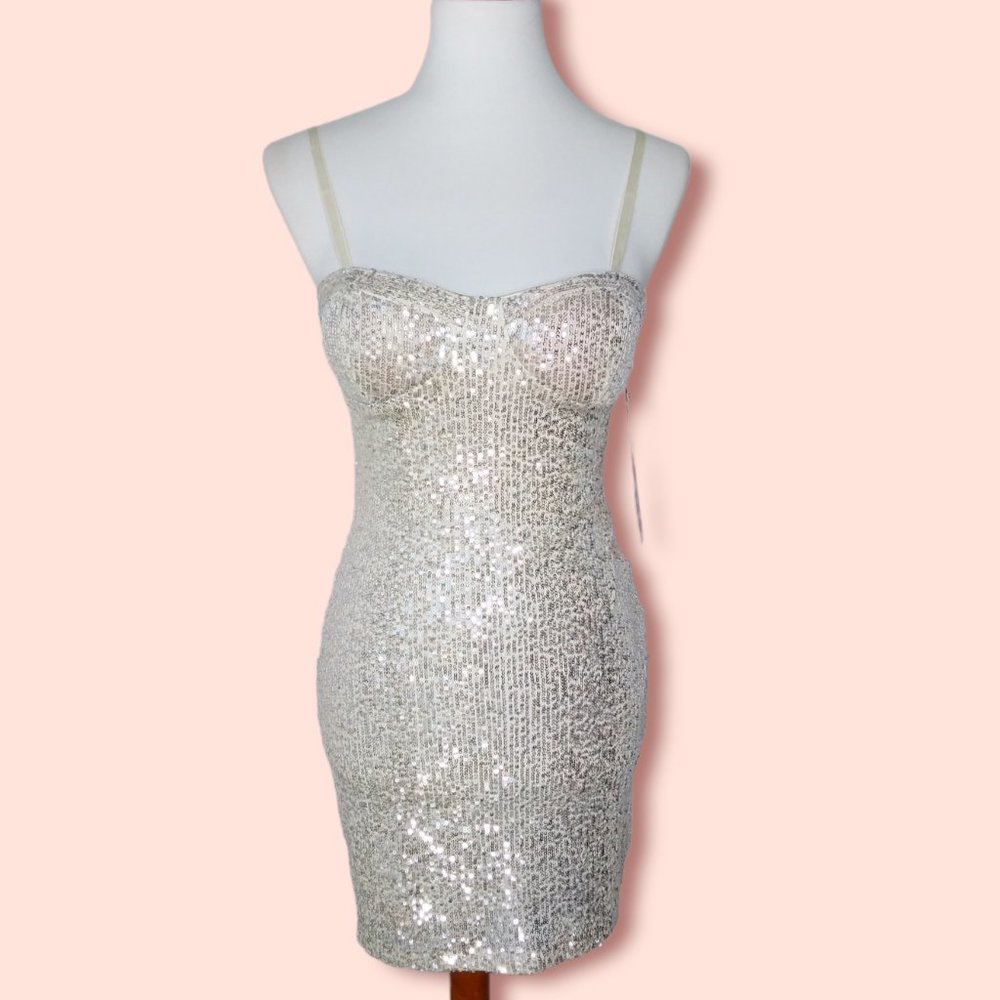 Mesh Sequin Mini Dress Size Medium Champaigne Form Fitting New Years Holiday NWT